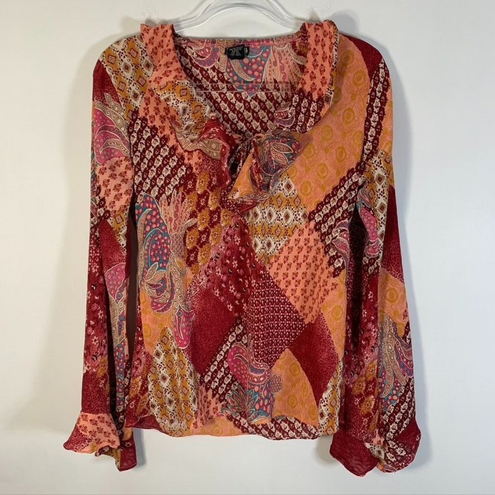 y2k RETRO paisley ruffle neck top boho size m